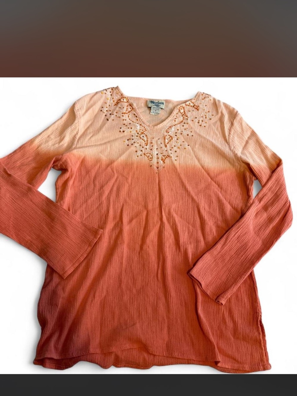 Women's Ombre Embellished Long-Sleeve Top - Coral Peach